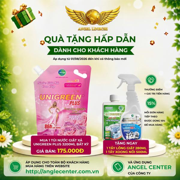 [CTBH] Nước giặt xả cao cấp UniGreen PLUS - Hương Hoa hồng (Túi 3200 ml) - Tặng Tẩy lồng giặt và Tẩy xoong nồi