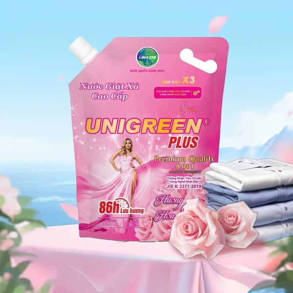 Nước giặt xả cao cấp UniGreen PLUS - Hương Hoa hồng (Túi 3200 ml)